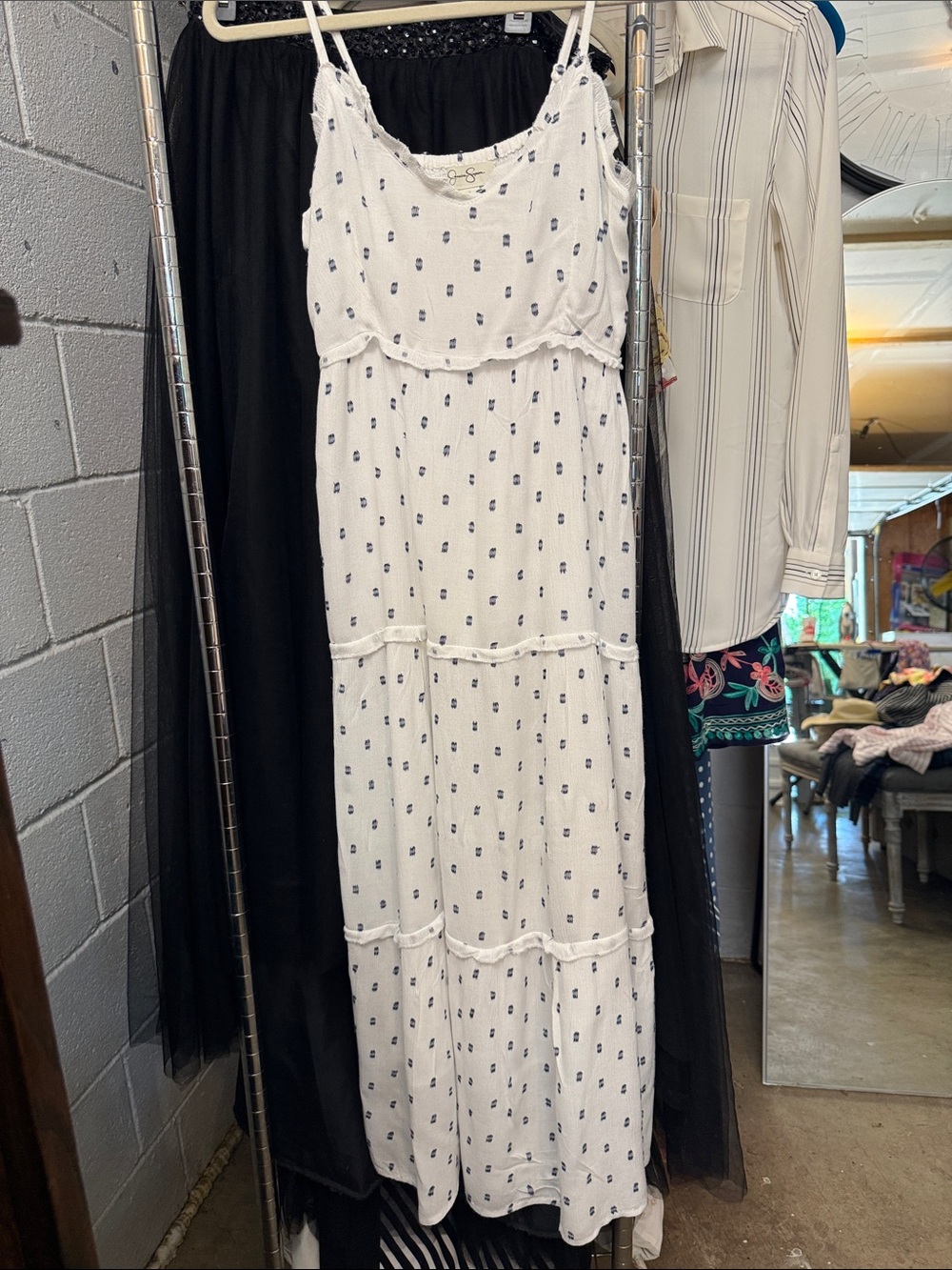 Jessica Simpson White Maxi Dress with Navy Dot Print